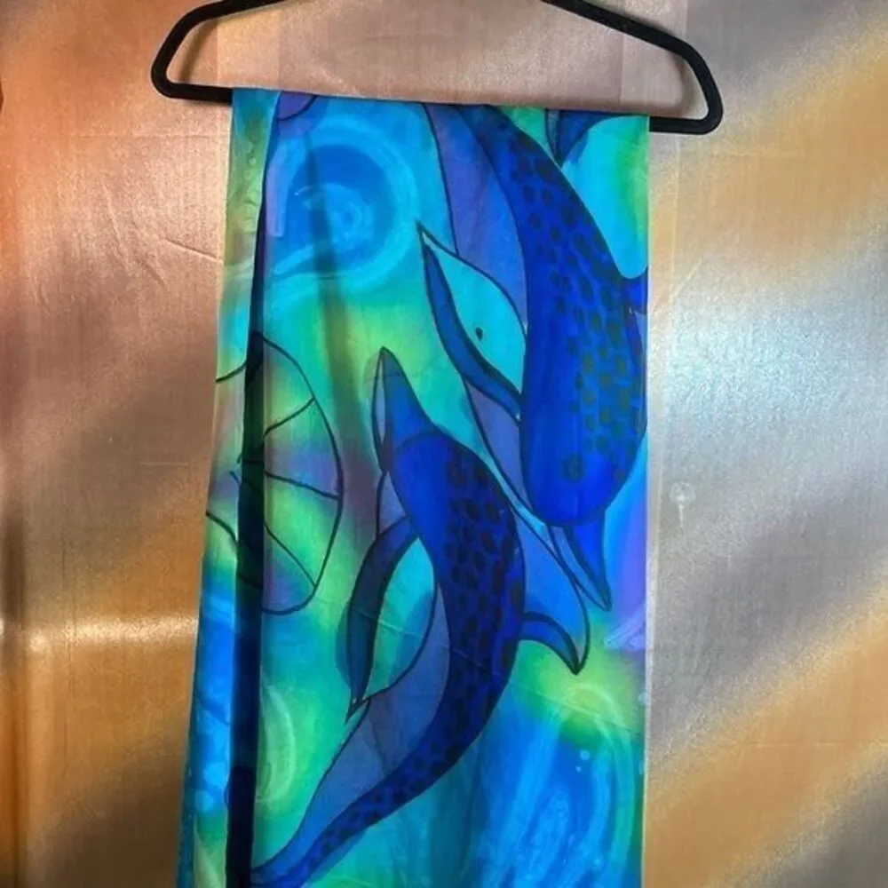 Aremar sheet scarf. Dolphin ocean them. Teals, greens and purples. 44 x 70. B1